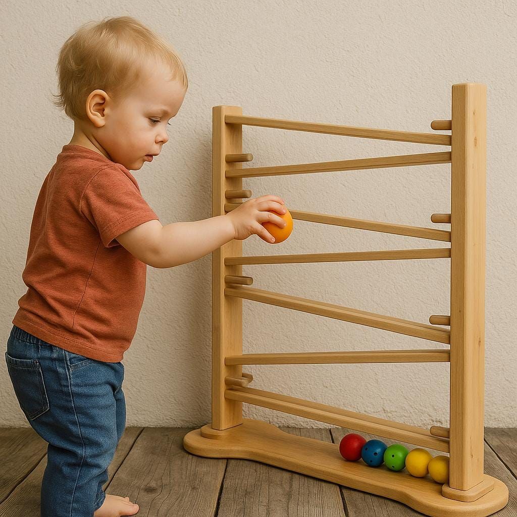 Niño pequeño jugando con una pista de bolas de madera Pirichi Club
